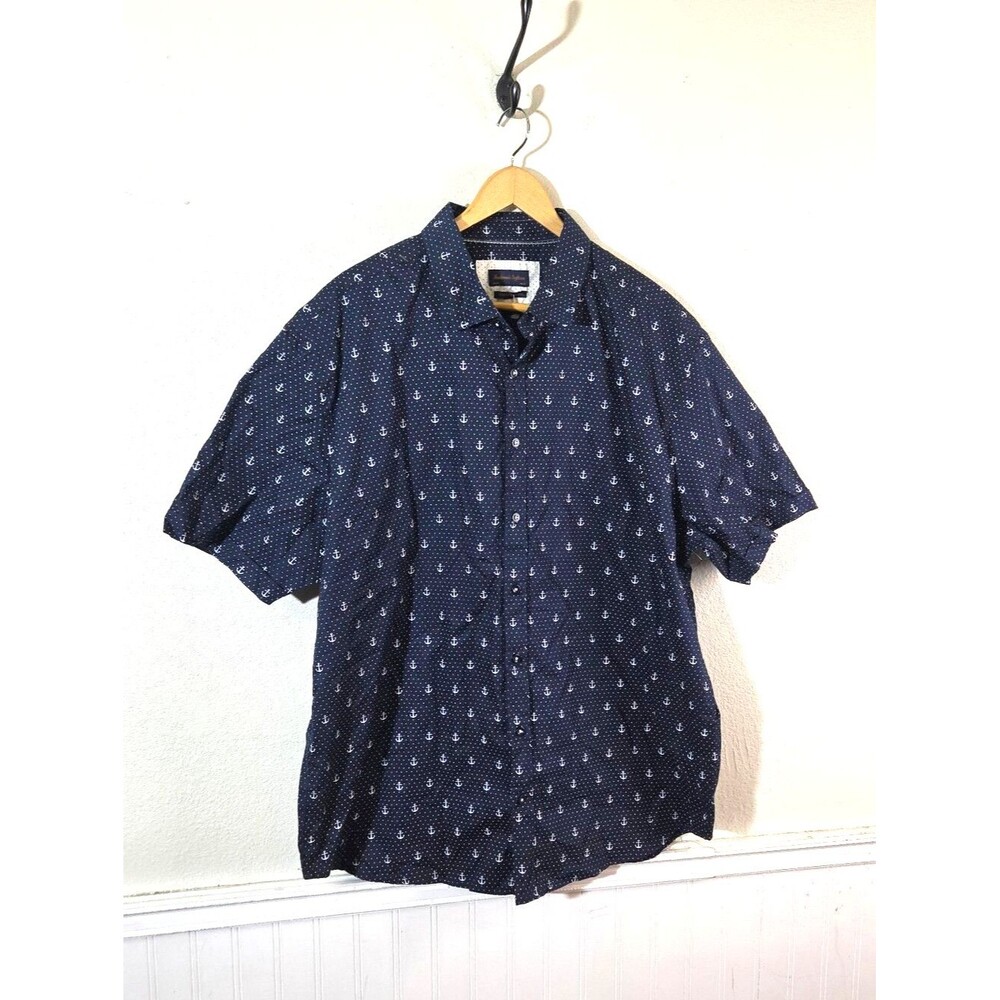 Gentlemen's Outfitters Anchor Polka Dot Button Up Shirt Men's 2XL Navy Cotton